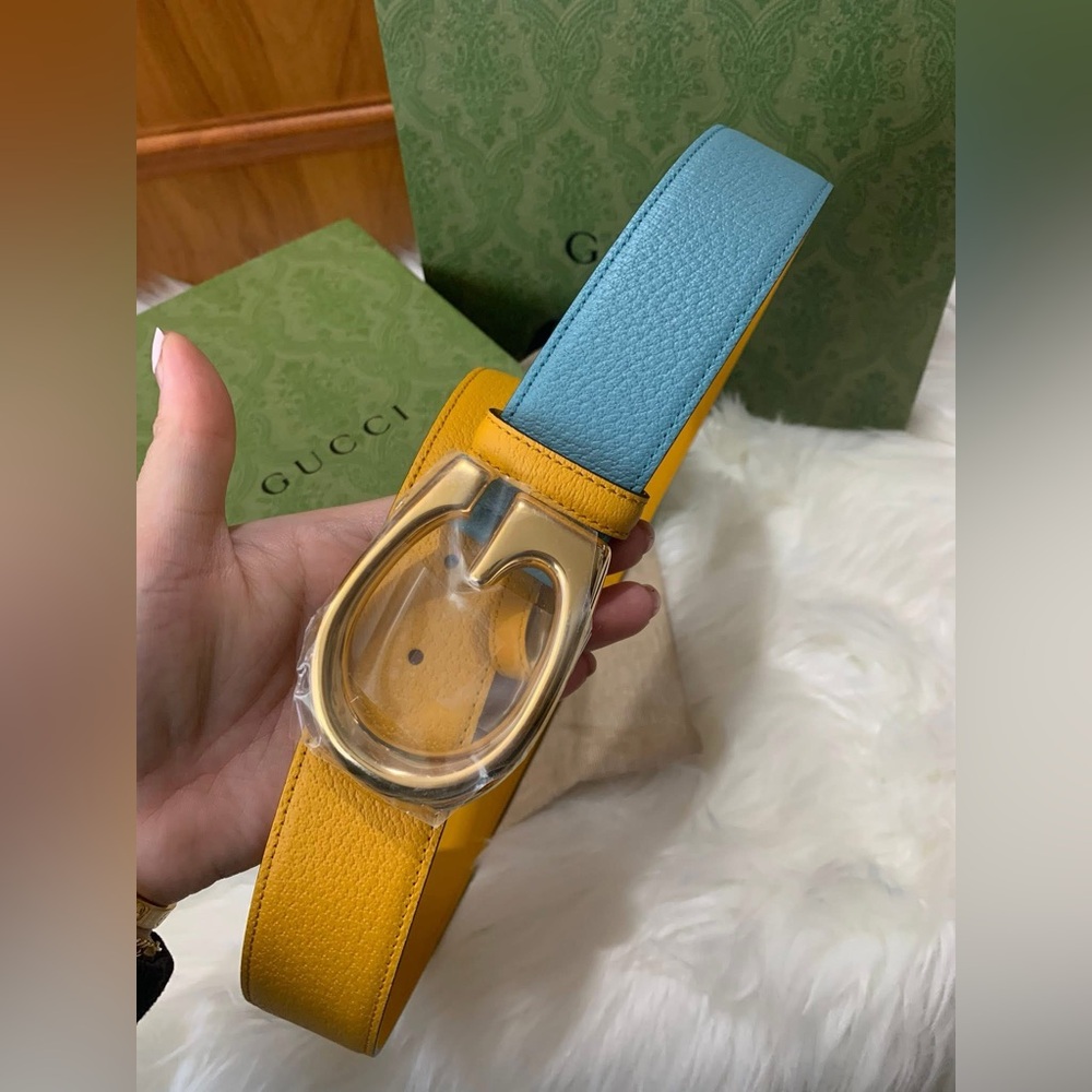GUCCI Colorblock Leather Belt with Oversized Gold Buckle - UNISEX 💛💛